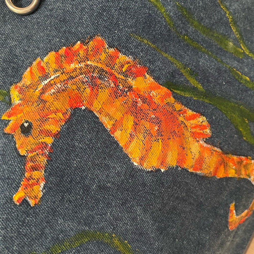 Denim Tote Bag with Seahorse Design - Picture 2 of 5